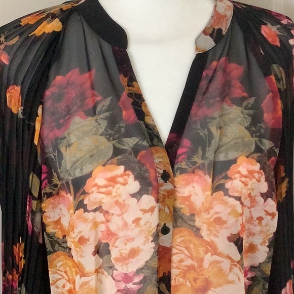 Worthington Sheer Black Polyester Floral Button Blouse with Long Pleated Sleeves - Picture 2 of 11